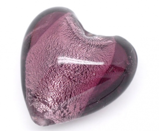 Picture of Lampwork Glass Loose Beads Heart Purple Pattern Foil About 20mm x 20mm, Hole: Approx 2.4mm, 10 PCs