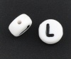 Picture of Acrylic Spacer Beads Flat Round White Alphabet/ Letter "L" About 7mm Dia, Hole: Approx 1mm, 500 PCs