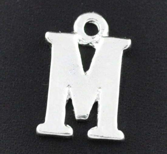 Picture of Zinc Based Alloy Charms Initial Alphabet/ Letter " M " Silver Plated 15mm( 5/8") x 10mm( 3/8"), 30 PCs