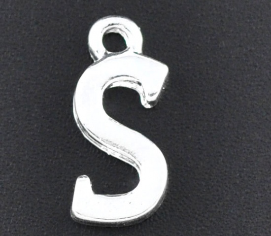 Picture of Zinc Based Alloy Charms Initial Alphabet/ Letter " S " Silver Plated 15mm( 5/8") x 7mm(2/8"), 30 PCs