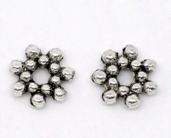 Bild von Zinklegierung Perlen Blumen Antik Silber ca. 6.5mm x 6.5mm, Loch:ca. 1.5mm, 300 Stücke