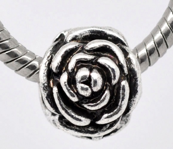 Picture of Zinc Metal Alloy European Style Large Hole Charm Beads Rose Flower Antique Silver About 13mm x 12mm, Hole: Approx 4.8mm, 20 PCs