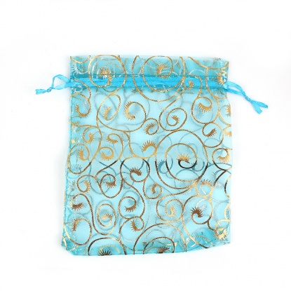 Picture of Organza Jewelry Bags Drawstring Rectangle Skyblue Vine Pattern 16cm x13cm(6 2/8" x5 1/8"), 50 PCs