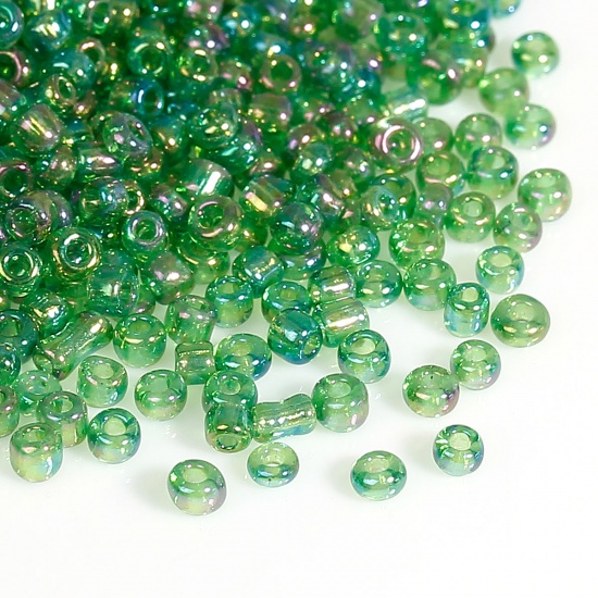 10/0 丸小ビーズ ガラス シードビーズ 緑 ABカラー 約2mm　直径、 穴：約0.6mm、 100 グラム の画像