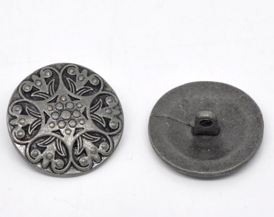 Picture of Zinc Based Alloy Metal Sewing Shank Buttons Round Antique Silver Flower Carved 25mm(1") Dia, 20 PCs