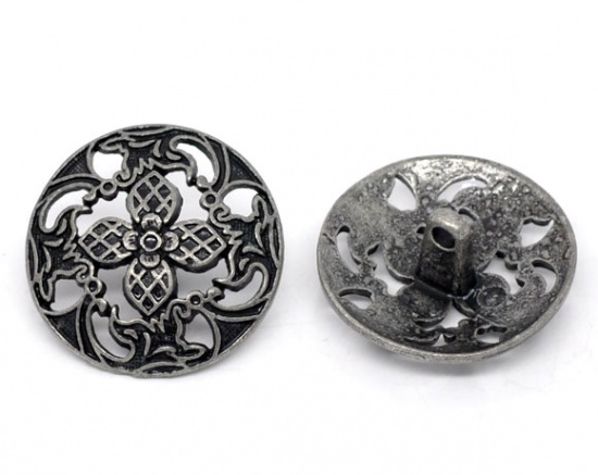 Picture of Zinc Based Alloy Metal Sewing Shank Buttons Round Antique Silver Flower Carved 23mm( 7/8") Dia, 20 PCs