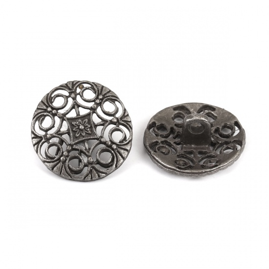 Bild von Zinklegierung Metall Öseknöpfe zum Aufnähen Rund Antiksilber Blumen Hohl 18mm D 50 Stück