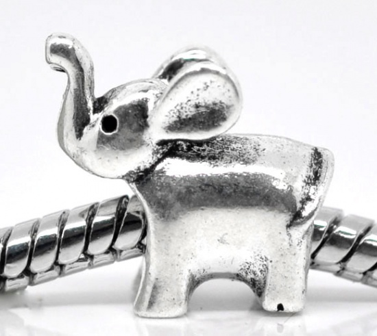 Picture of Zinc Metal Alloy European Style Large Hole Charm Beads Elephant Antique Silver About 14mm x 13mm, Hole: Approx 4.7mm, 20 PCs