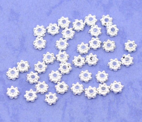 Picture of Zinc Based Alloy Spacer Beads Flower Silver Plated About 4mm x 4mm, Hole:Approx 1mm, 10000 PCs