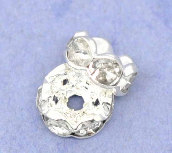 Picture of Copper Rondelle Spacer Beads Round Silver Plated Clear Rhinestone About 8mm( 3/8") Dia, Hole:Approx 1.2mm, 100 PCs