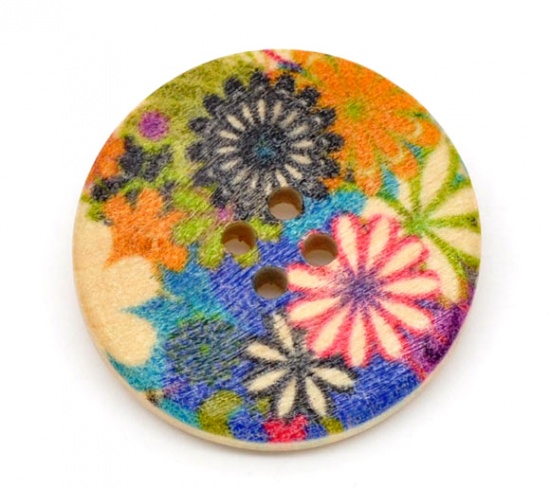 Picture of Wood Sewing Buttons 4 Holes Scrapbooking Round Multicolor Flower Pattern 3cm(1 1/8") Dia, 30 PCs