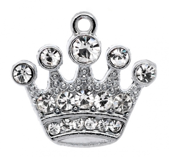 Picture of Silver Tone Rhinestone Crown Charm Pendants 21x20mm, sold per packet of 10