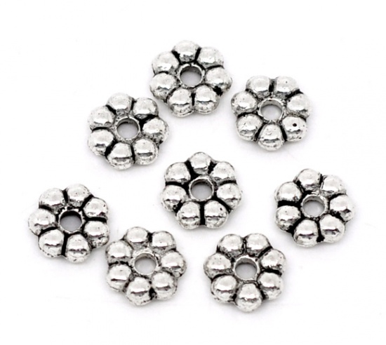 Imagen de Cuentas Espaciador Zamak Flor,Plata Antigua 6mm x 6mm, Agujero: acerca de 1.4mm, 300 Unidades