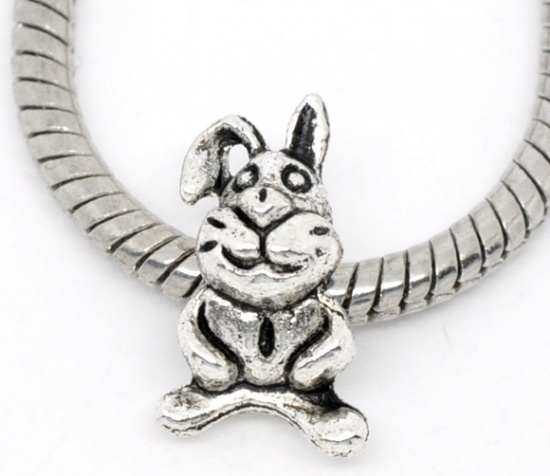 Picture of Zinc Based Alloy Easter European Style Large Hole Charm Beads Rabbit Antique Silver 17x10mm, 30 PCs