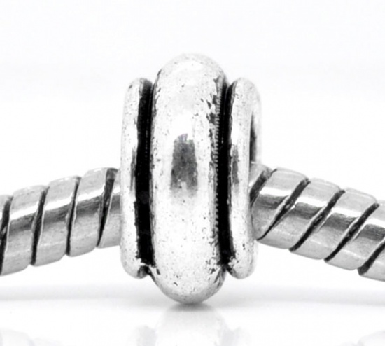 Picture of Zinc Metal Alloy European Style Large Hole Charm Beads Round Antique Silver Stripe Carved About 9mm Dia, Hole: Approx 4.8mm, 50PCs