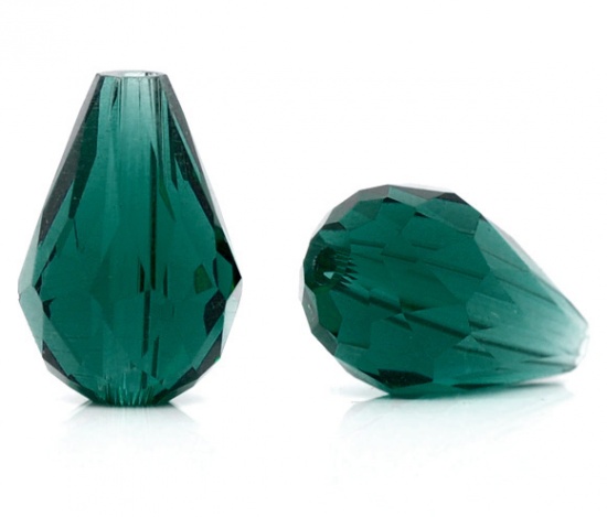 Immagine di Vetro Sciolto Perline Goccia Buco Verde Sfaccettato Circa 14mm x 10mm, Foro: Circa 1.3mm, 30 Pz
