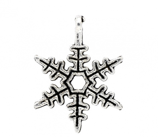 Picture of Antique Silver Christmas Snowflake Charms Pendants 24x18mm, sold per packet of 50