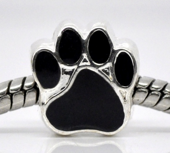 Picture of Zinc Metal Alloy European Style Large Hole Charm Beads Bear's Paw Silver Plated Black Enamel About 11mm x 11mm, Hole: Approx 5mm, 10 PCs
