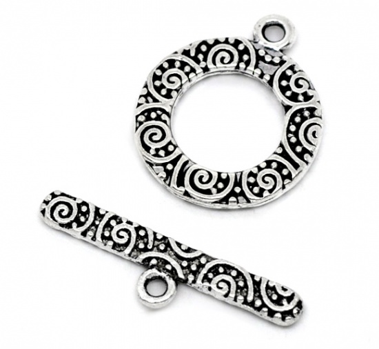Picture of Zinc Based Alloy Toggle Clasps Round Antique Silver Color Circle Carved 19mm x 16mm 24mm x 6mm, 40 Sets