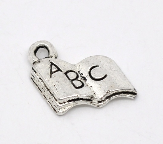 Picture of Graduation Jewelry Zinc Based Alloy Open Book Charms Antique Silver Message " A B C "Carved 17mm( 5/8") x 11mm( 3/8"), 100 PCs