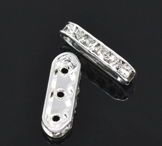 Picture of Copper & Rhinestone Spacer Beads Rectangle Silver Plated White Rhinestone Rhinestone About 21mm x 7.5mm, Hole: Approx 1.3mm, 30 PCs