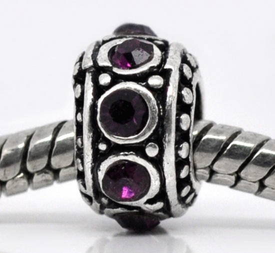 Picture of Zinc Metal Alloy European Style Large Hole Charm Beads Round Antique Silver Purple Rhinestone About 11mm x 11mm, Hole: Approx 4.7mm, 10 PCs