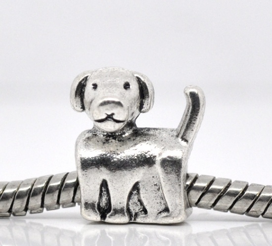 Picture of Zinc Metal Alloy European Style Large Hole Charm Beads Dog Antique Silver About 13mm x 12mm, Hole: Approx 4.5mm, 20 PCs