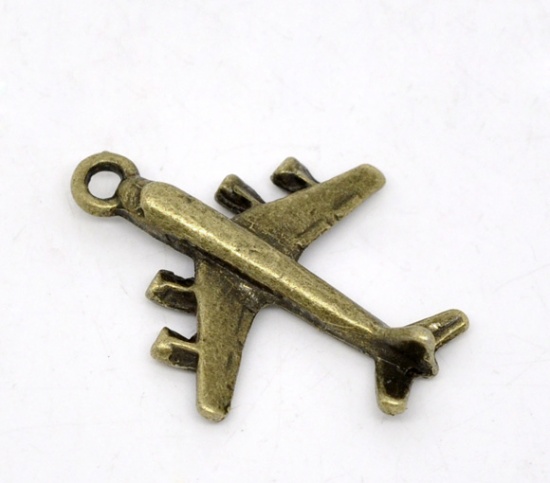 Picture of Zinc Based Alloy 3D Charms Travel Airplane Antique Bronze 29mm(1 1/8") x 23mm( 7/8"), 30 PCs