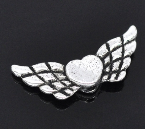 Picture of Zinc Based Alloy Spacer Beads Heart Angel Wing Antique Silver About 22mm x 9mm, Hole:Approx 1mm, 50 PCs