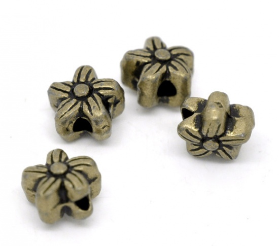 Bild von Zinklegierung Spacer Perlen Zwischenperlen Blumen Bronzefarbe Muster Geschnitzt ca. 7mm x 7mm, Loch:ca. 1.5mm, 100 Stück