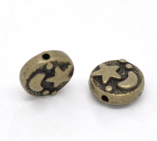 Picture of Zinc Based Alloy Spacer Beads Flat Round Antique Bronze Star Moon Carved About 9mm Dia, Hole:Approx 1mm, 50 PCs