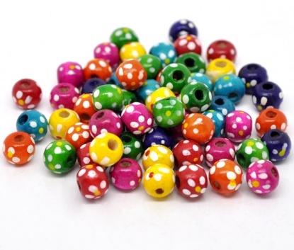 Bild von Holz Zwischenperlen Spacer Perlen Rund Mix Farben mit Punkt Muster 10mm x 9mm, Loch: 3.6mm, 300 Stücke