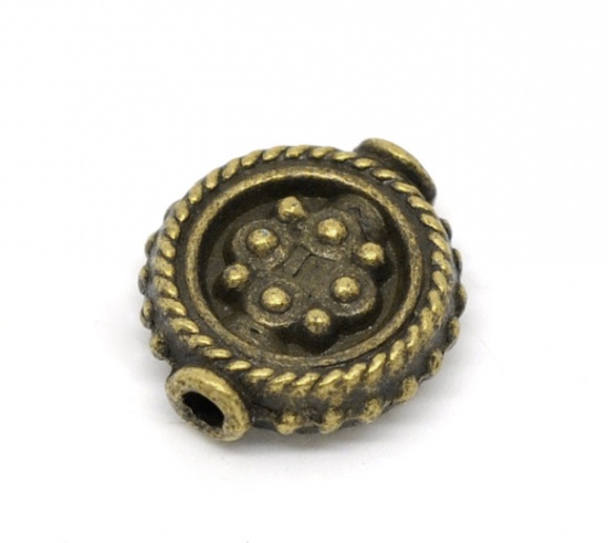 Picture of Zinc Based Alloy Spacer Beads Flat Round Antique Bronze Dot Carved About 13mm x 12mm, Hole:Approx 1.7mm, 30 PCs