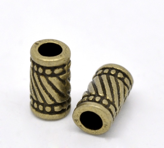Picture of Zinc Based Alloy Spacer Beads Cylinder Antique Bronze Stripe Carved About 11mm x 6mm, Hole:Approx 3.3mm, 50 PCs