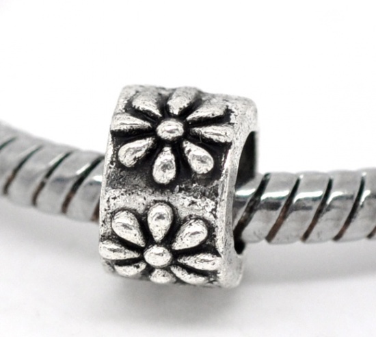 Picture of Zinc Metal Alloy European Style Large Hole Charm Beads Round Antique Silver Flower Pattern About 9mm x 8mm, Hole: Approx 5mm, 50 PCs