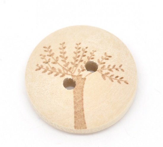 Picture of Natural Wood Sewing Buttons Scrapbooking 2 Holes Round Tree Pattern 20mm( 6/8") Dia, 50 PCs