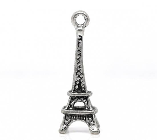 Picture of Zinc Based Alloy 3D Charms Travel Eiffel Tower Antique Silver 24mm(1") x 9mm( 3/8"), 50 PCs