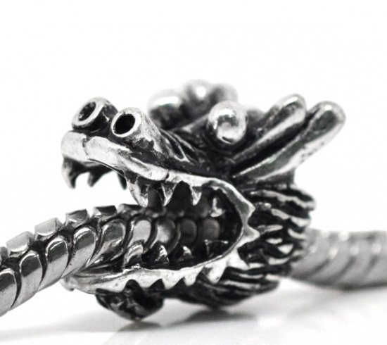 Picture of Zinc Metal Alloy European Style Large Hole Charm Beads Dragonhead Antique Silver Color Plated About 13mm x 11mm, Hole: Approx 5mm, 20 PCs