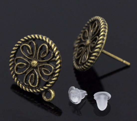 Bild von Zinklegierung Ohrringe Ohrstecker mit Öse Rund Bronzefarbe mit Ohrstopper 17mm x 13mm, Drahtstärke: (21 gauge), 50 Stück