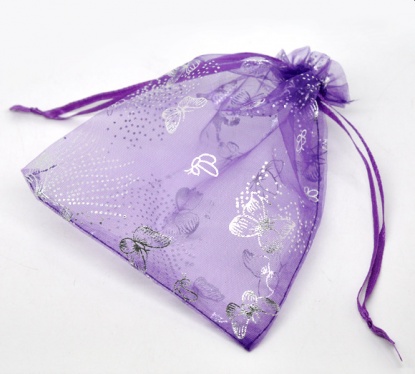Picture of Organza Jewelry Bags Drawstring Rectangle Dark Purple Butterfly Pattern 16cm x13cm(6 2/8" x5 1/8"), 50 PCs