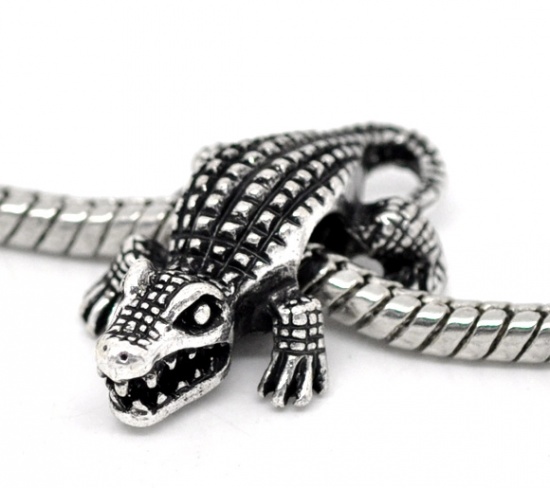 Picture of Zinc Metal Alloy European Style Large Hole Charm Beads Crocodile Antique Silver About 25mm x 16mm, Hole: Approx 4.8mm, 10 PCs
