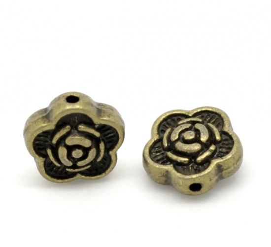 Bild von Zinklegierung Spacer Perlen Zwischenperlen Blumen Bronzefarbe Blumen Geschnitzt ca. 7mm x 7mm, Loch:ca. 1mm, 100 Stück