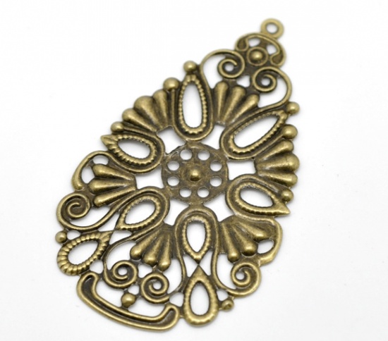 Image de Pendentifs Estampe en Filigrane Creux en Alliage de Fer Goutte d'Eau Fleurs Gravé Bronze Antique Plaqué 6.8cm x 4cm, 20 Pcs