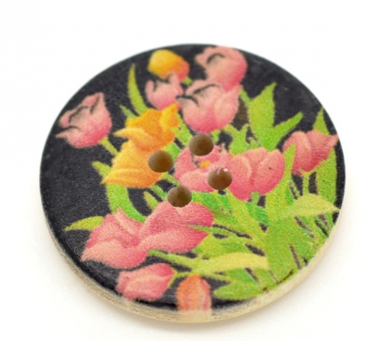 Picture of Wood Sewing Buttons Scrapbooking 4 Holes Round Multicolor Flower Pattern 3cm(1 1/8") Dia, 30 PCs