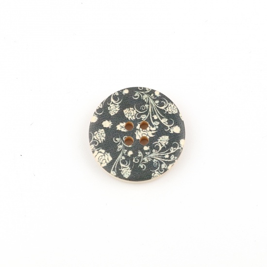 Picture of Wood Sewing Buttons Scrapbooking 4 Holes Round Black Flower Pattern 3cm(1 1/8") Dia, 30 PCs
