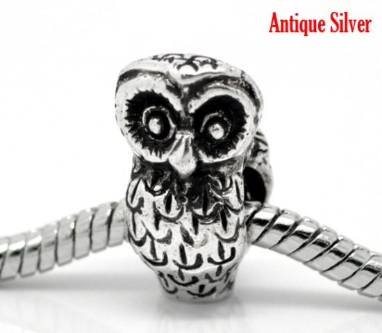 Picture of Zinc Metal Alloy European Style Large Hole Charm Beads Owl Halloween Ornaments Antique Silver About 18mm x 10mm, Hole: Approx 4.7mm, 10 PCs