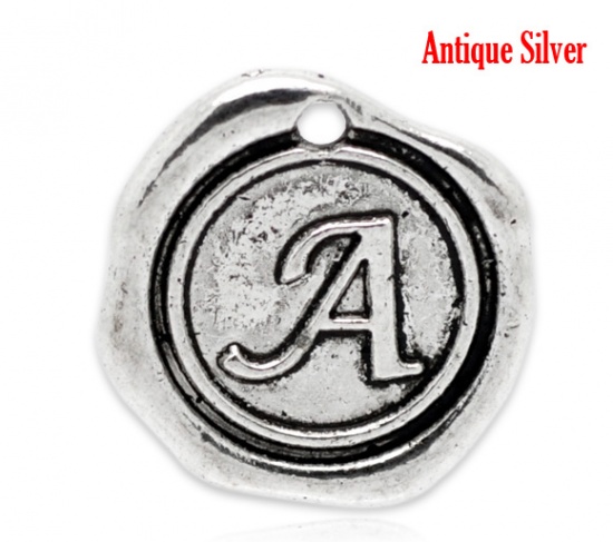 Picture of Zinc Based Alloy Wax Seal Charms Round Antique Silver Initial Alphabet/ Letter "A" Carved 18mm x18mm( 6/8" x 6/8"), 30 PCs