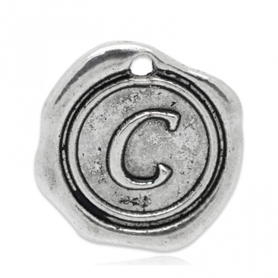 Picture of Zinc Based Alloy Wax Seal Charms Round Antique Silver Initial Alphabet/ Letter "C" Carved 18mm x18mm( 6/8" x 6/8"), 30 PCs