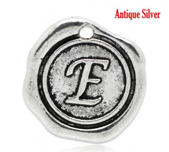 Picture of Zinc Based Alloy Wax Seal Charms Round Antique Silver Initial Alphabet/ Letter "E" Carved 18mm x18mm( 6/8" x 6/8"), 30 PCs