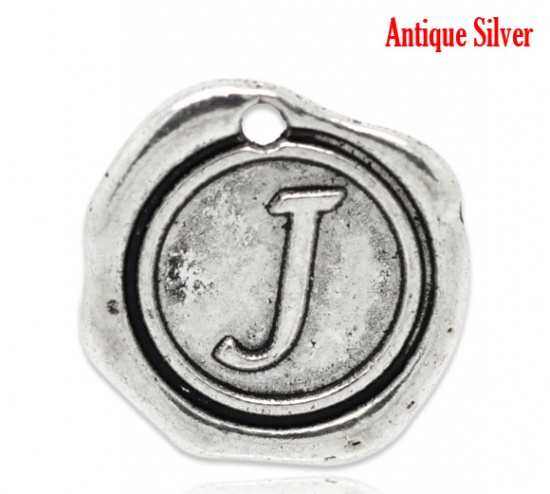 Picture of Zinc Based Alloy Wax Seal Charms Round Antique Silver Initial Alphabet/ Letter "J" Carved 18mm x18mm( 6/8" x 6/8"), 30 PCs